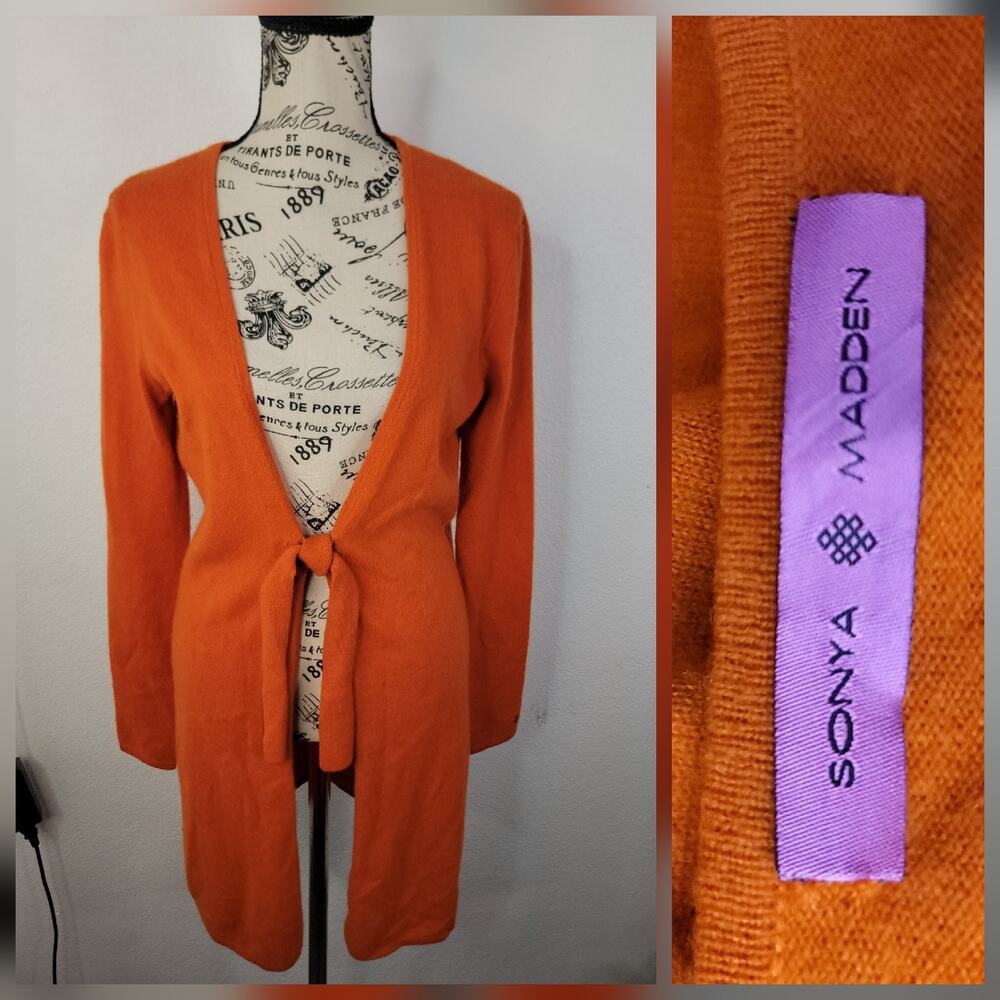 Sonya Madden Babydoll Cardigan Womens OS 100% Cashmere Tie Front Orange